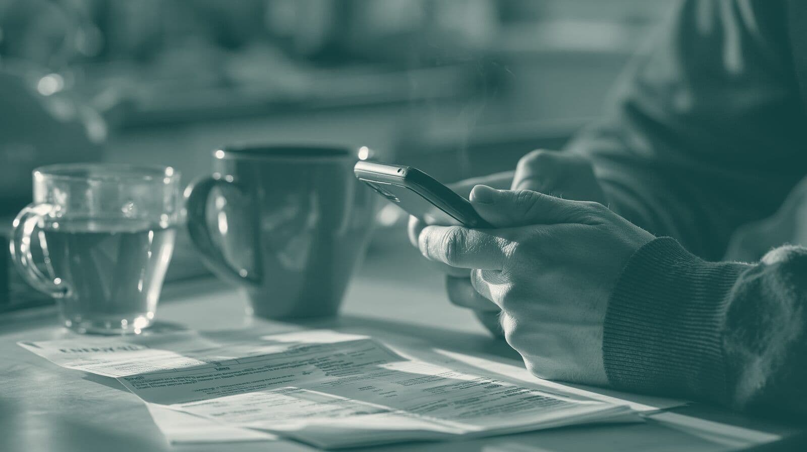 A person checks a phone at a kitchen table beside a paper bill and a mug of tea.
