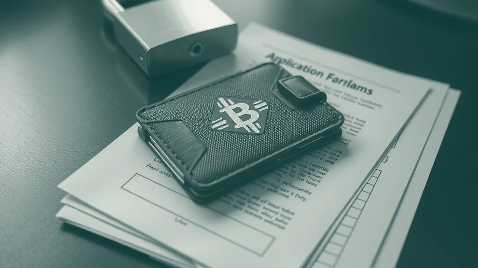 A hardware crypto wallet on a stack of unopened forms beside a closed padlock on a dark desk