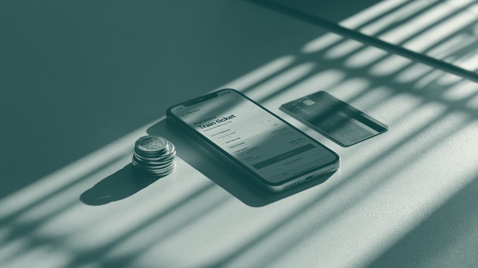 A magnifying glass beside a train ticket showing prices, with scattered coins on a sunlit surface.