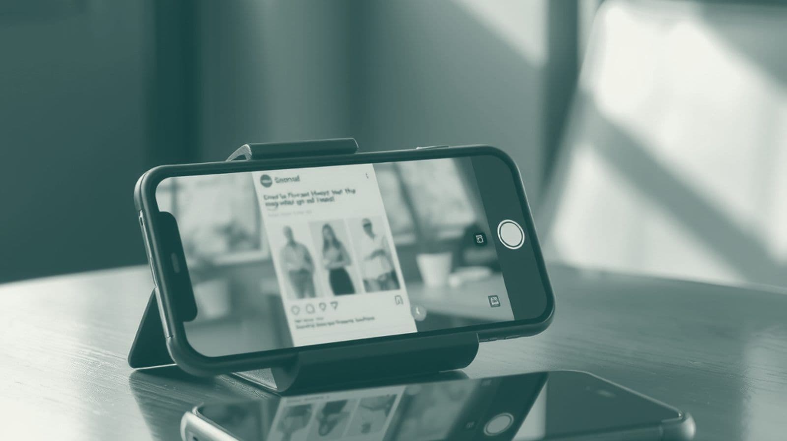 Two identical smartphones on a cafe table in soft window light, one showing a blurred sponsored post.