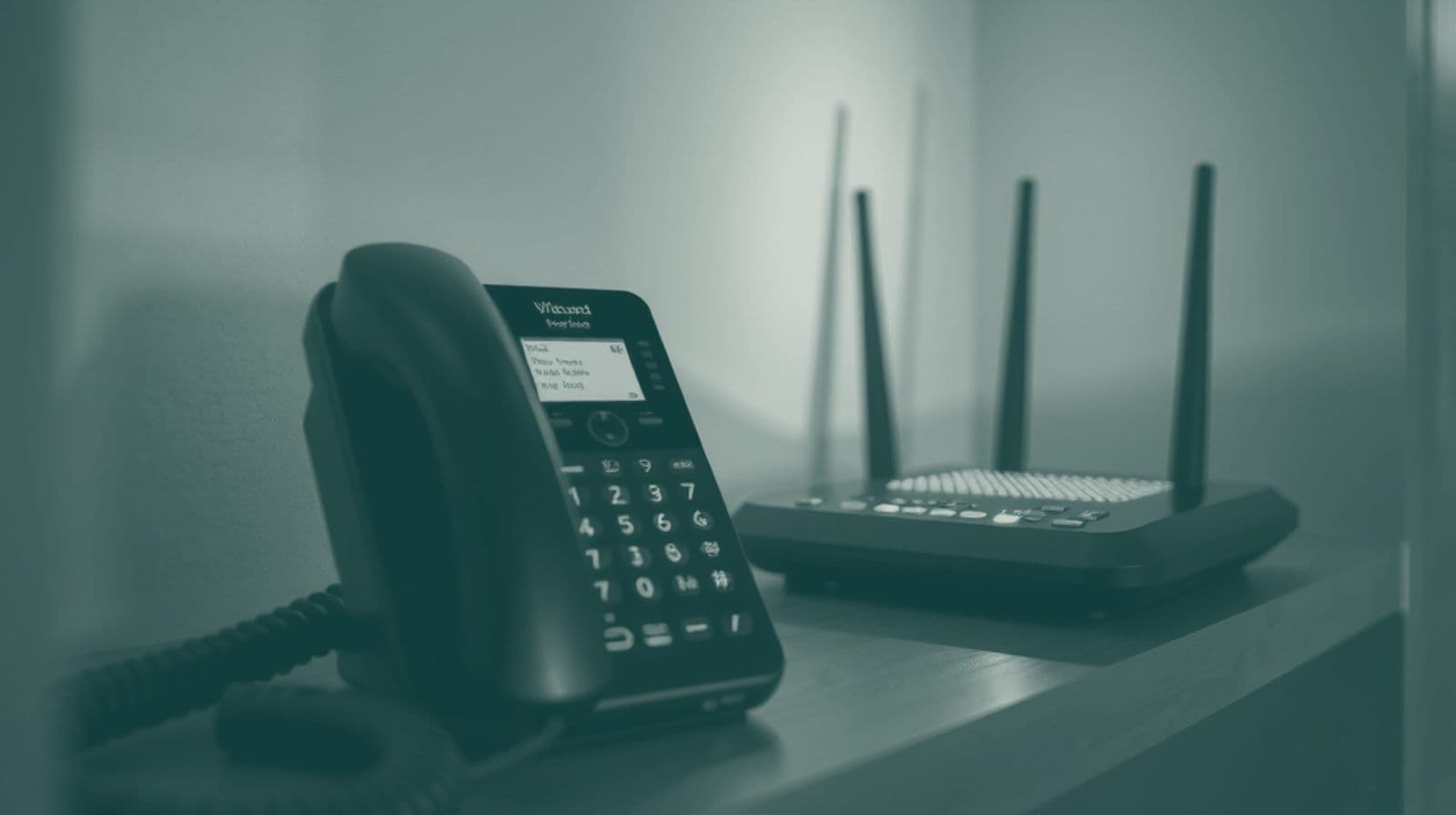 A cordless landline phone and a broadband router with glowing lights on a hallway shelf in soft evening lamp light.