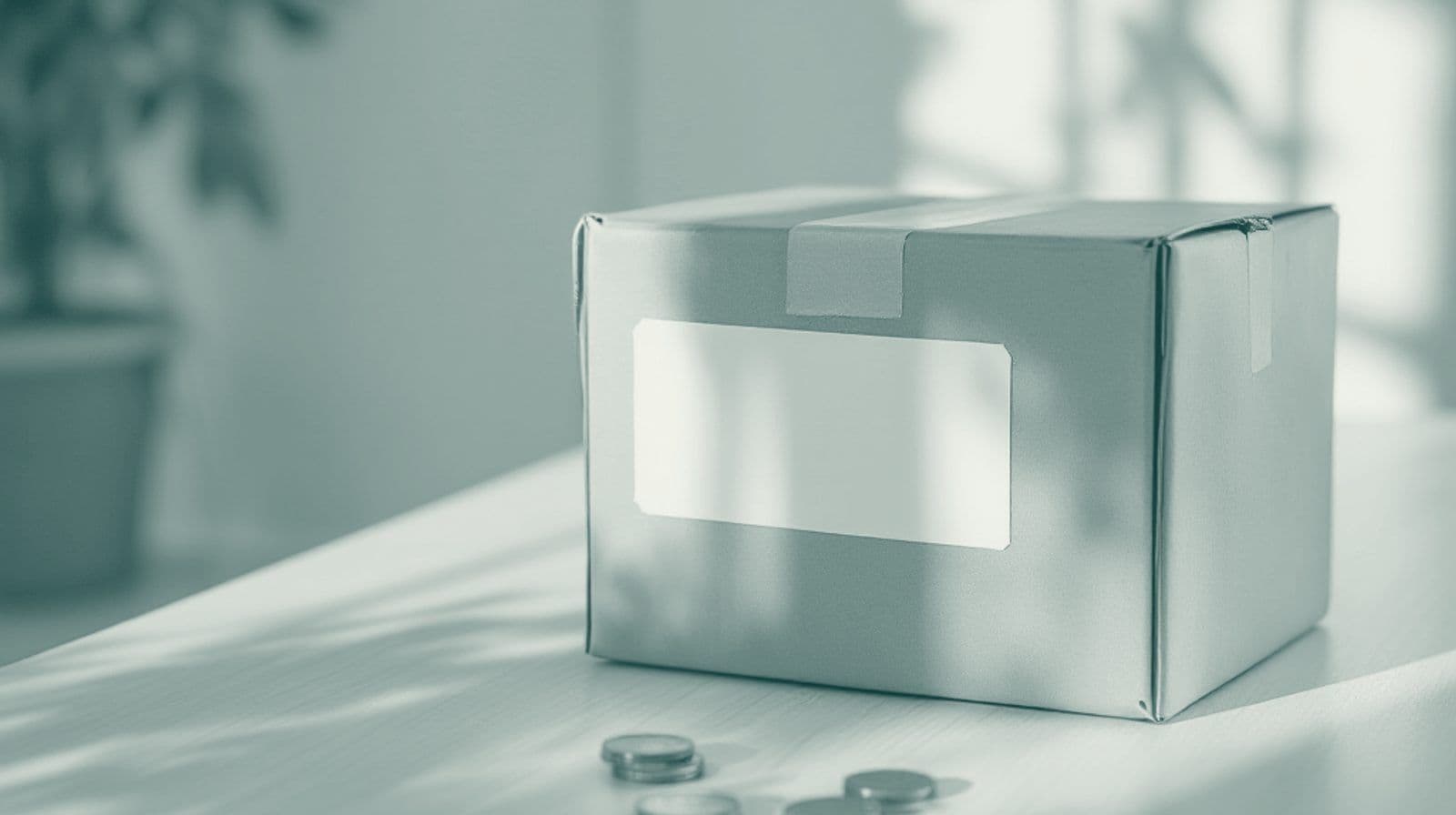 A sealed cardboard parcel with a blank white label on a pale wooden table, a few loose coins scattered in front.