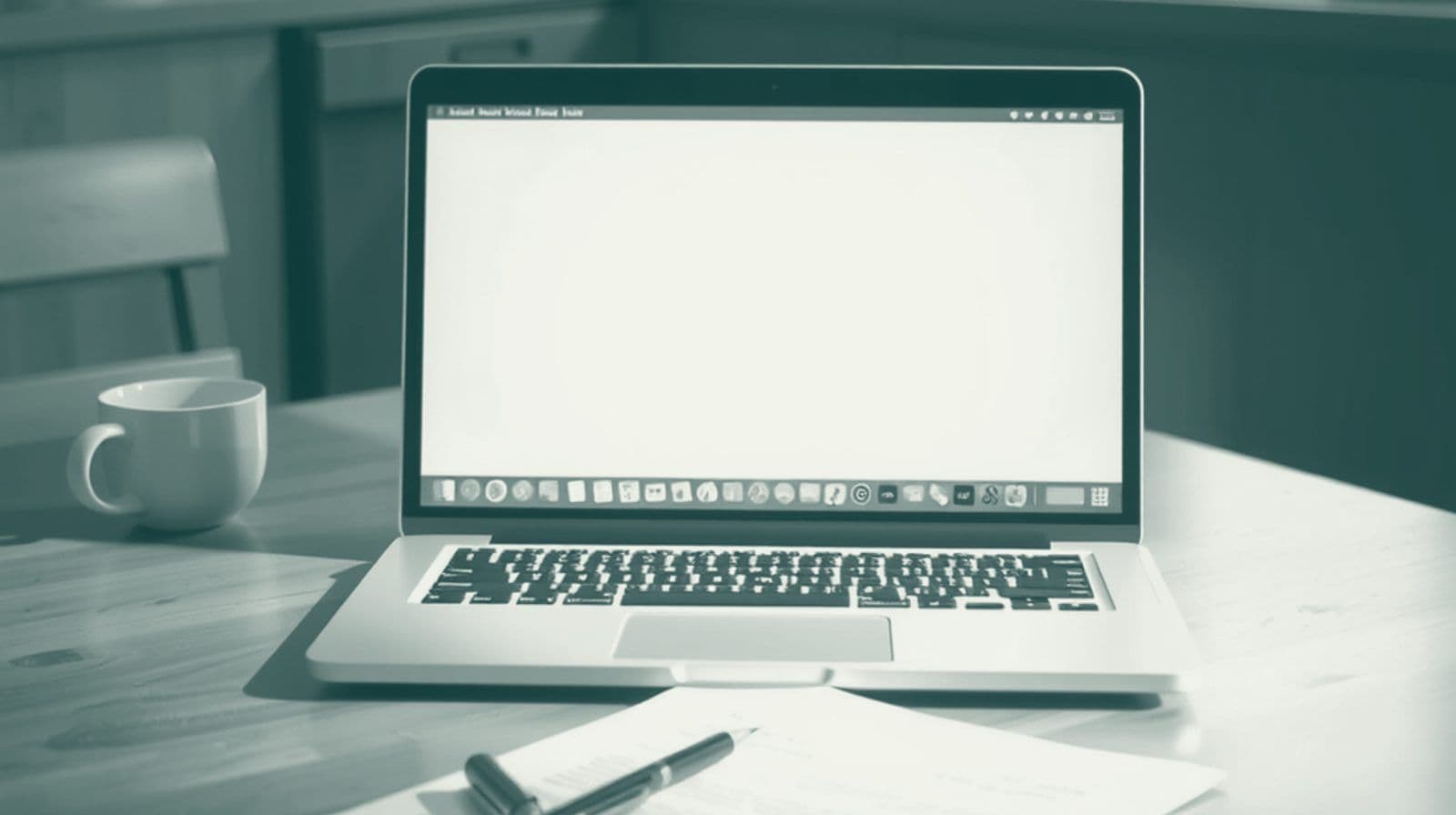 An open laptop showing a blank chat window on a kitchen table, with a face-down letter and a pen beside it.