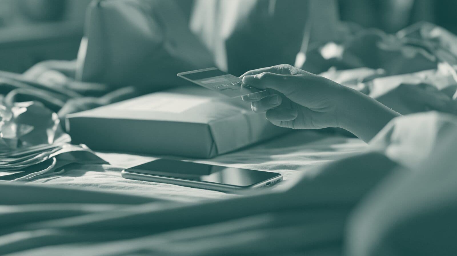 A hand holds a payment card over a parcel and a phone on a bed.