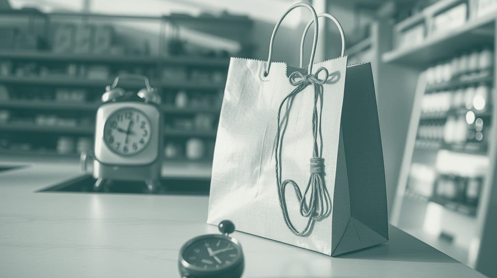 A small kitchen timer beside a single shopping bag on a shop counter in warm afternoon light.